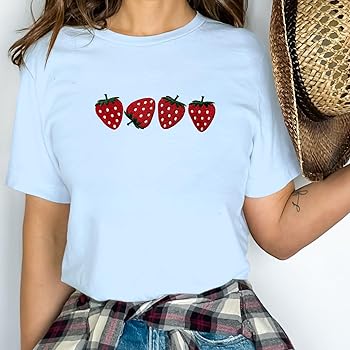 Strawberry Shirt for Women Fruit Graphic Tee Embroidered